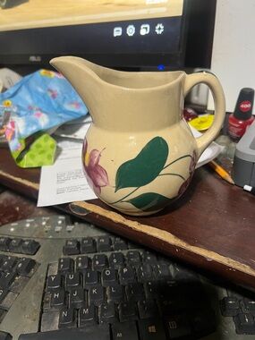 Cream Ceramic Pitcher with Green Leaves and Purple Flowers